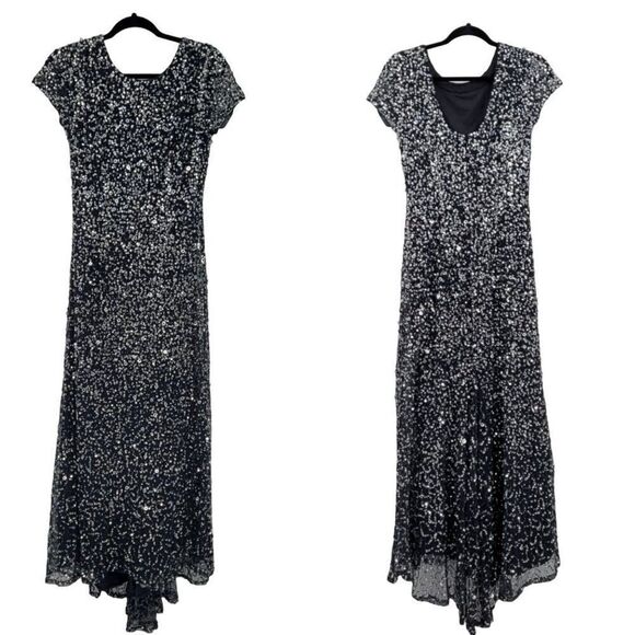 Adrianna Papell Gown Formal Holiday Sequined Fishtail Bustle Train Navy Silver 6 - Picture 1 of 17